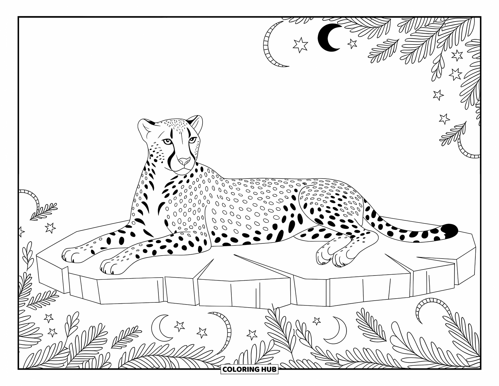 Disegno di ghepardo da colorare per adulti: Un ghepardo grazioso giace su una lastra di pietra avvolto in eleganti motivi celestiali e foglie