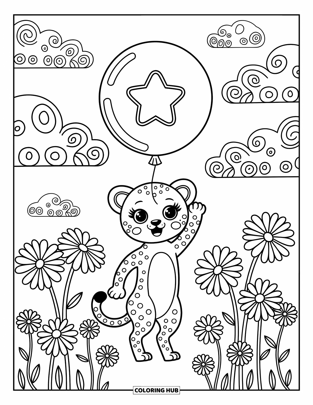 Disegno di ghepardo da colorare per adulti: Un ghepardo felice si alza sulle punte stringendo un palloncino a stella in un campo di margherite giganti