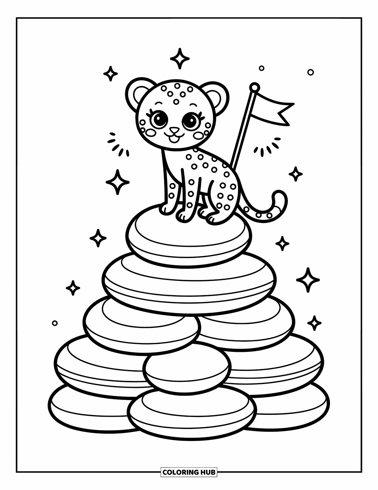 Disegno di ghepardo da colorare per adulti: Un ghepardo felice raggiunge la cima della montagna di cuscini, celebrando con scintille e linee di movimento