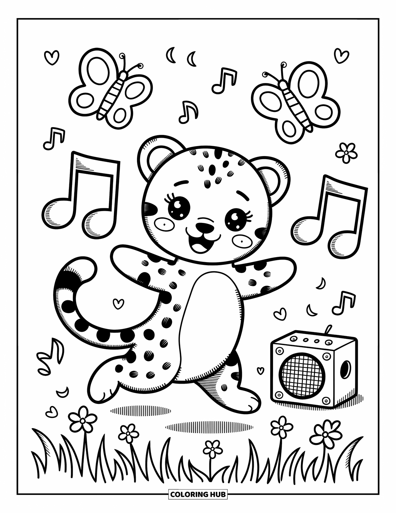 Disegno di ghepardo da colorare per adulti: Un ghepardo felice volteggia in un campo di musica, petali e due farfalle gentili