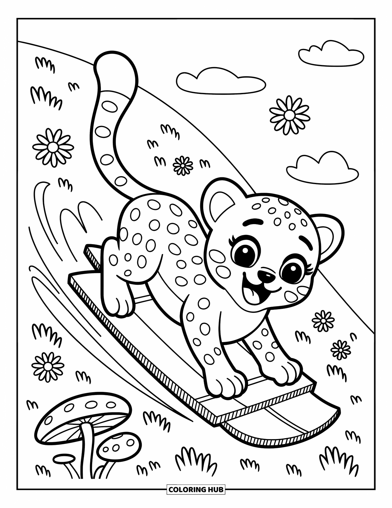Disegno di ghepardo da colorare per adulti: Un cucciolo di ghepardo gioioso scivola giù per una collina su una slitta di cartone con margherite volanti