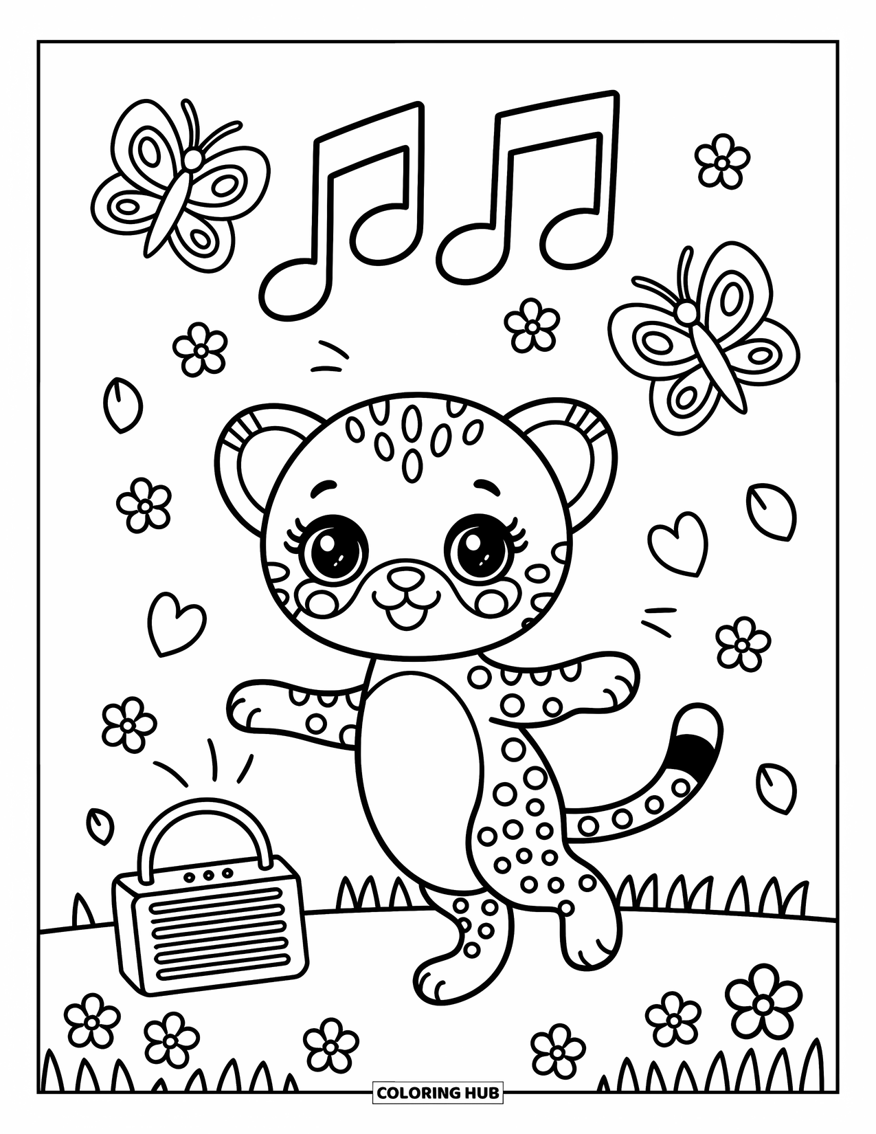 Disegno di ghepardo da colorare per adulti: Un ghepardo gioioso balla in un campo magico con farfalle, petali e note fluttuanti