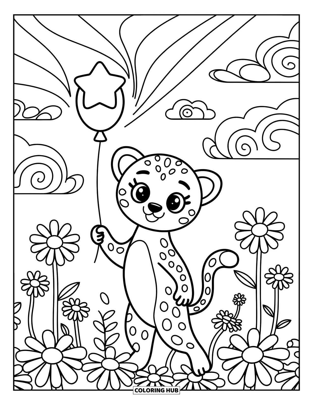 Disegno di ghepardo da colorare per adulti: Un ghepardo gioioso in un campo di margherite tiene delicatamente un palloncino a stella sotto un cielo magico