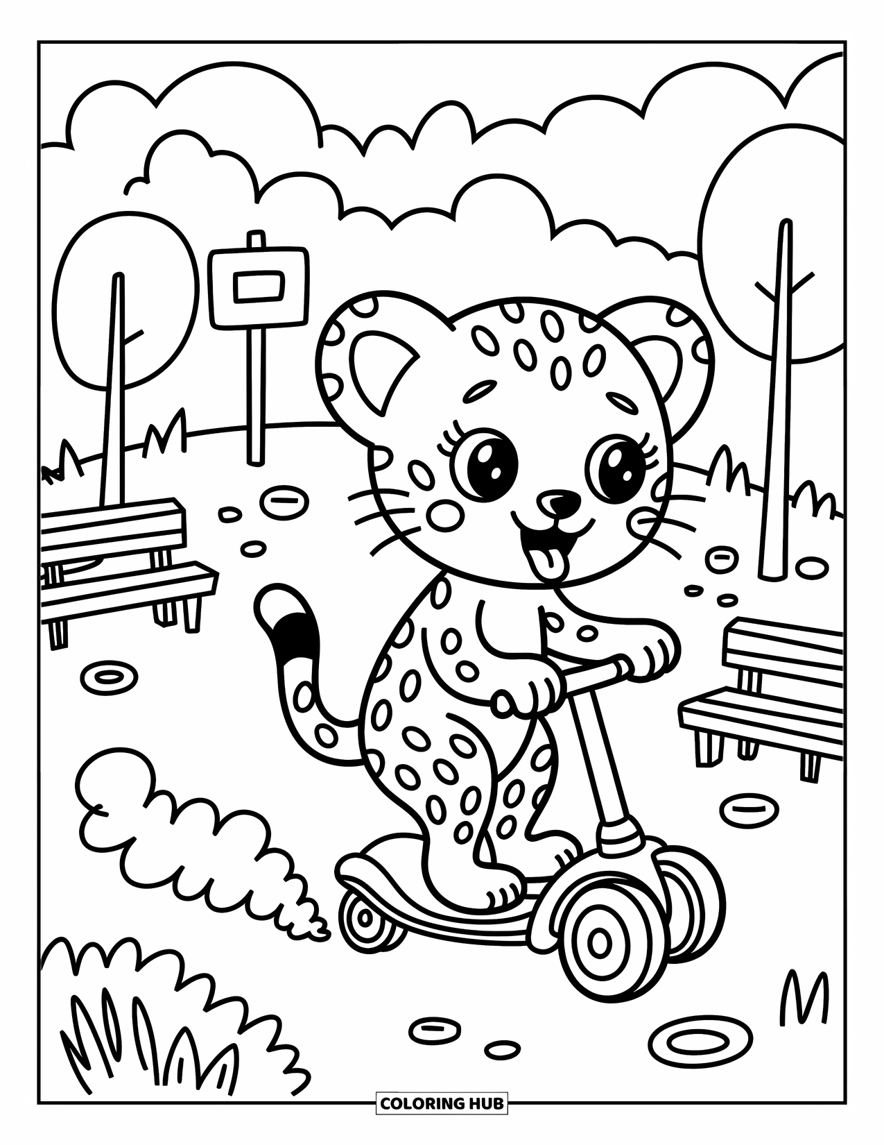 Disegno di ghepardo da colorare per adulti: Un ghepardo gioioso sfreccia oltre i ciottoli e i segnali su uno scooter in una divertente scena nel parco
