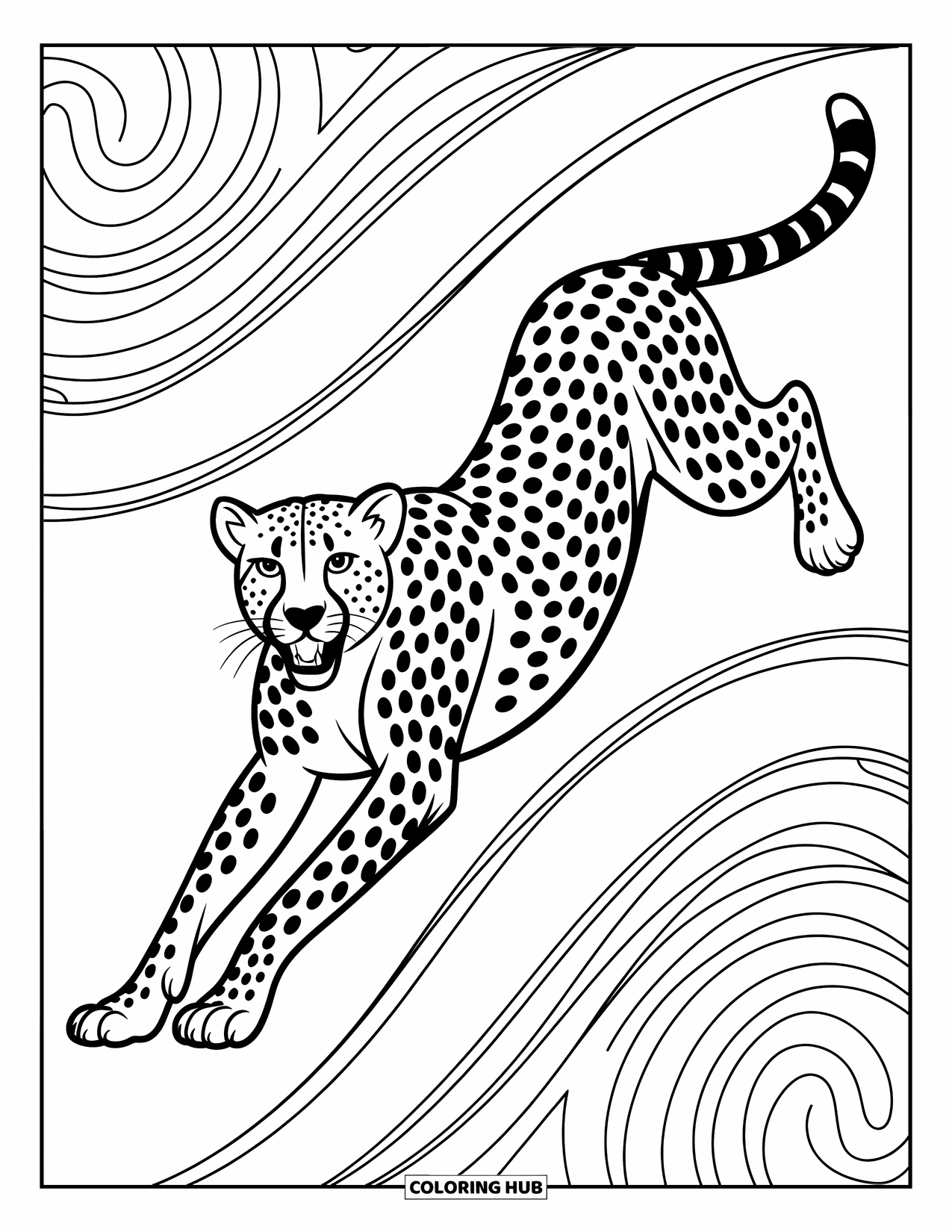Disegno di ghepardo da colorare per adulti: Un ghepardo che salta si muove tra linee audaci e intricati ghirigori in un design elegante