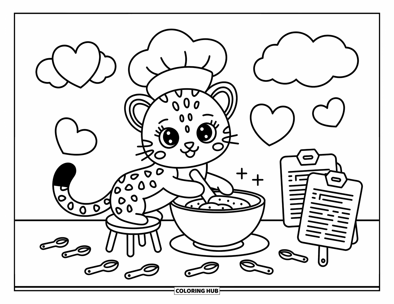 Disegno di ghepardo da colorare per adulti: Un ghepardo kawaii con un cappello da chef mescola la pasta accanto a cuori di farina fluttuanti e schede di ricette felici
