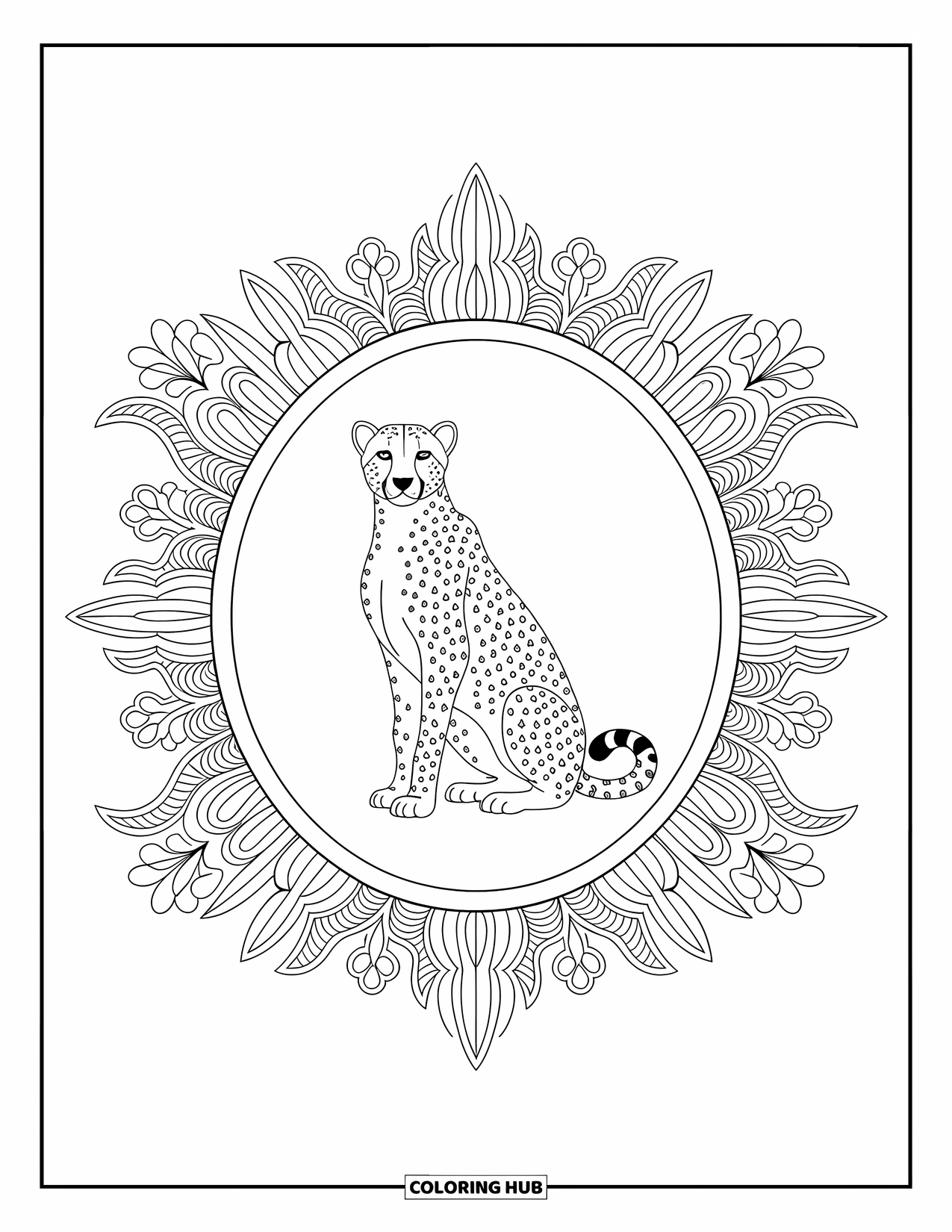 Disegno di ghepardo da colorare per adulti: Un ghepardo maestoso riposa all'interno di una cornice riempita di dettagli tribali e floreali vorticosi