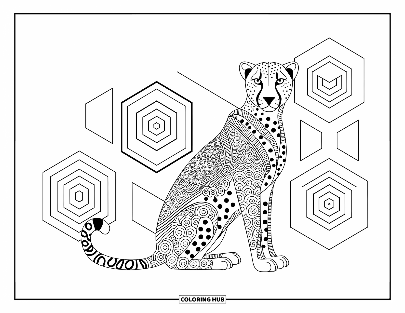 Disegno di ghepardo da colorare per adulti: Un ghepardo modellato siede tra spirali e esagoni in una scena calma e geometrica