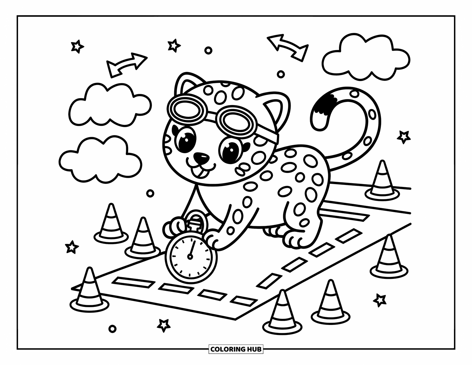 Disegno di ghepardo da colorare per adulti: Un ghepardo giocoso con gli occhiali attende alla linea di partenza, cronometro in mano e nuvole in turbini