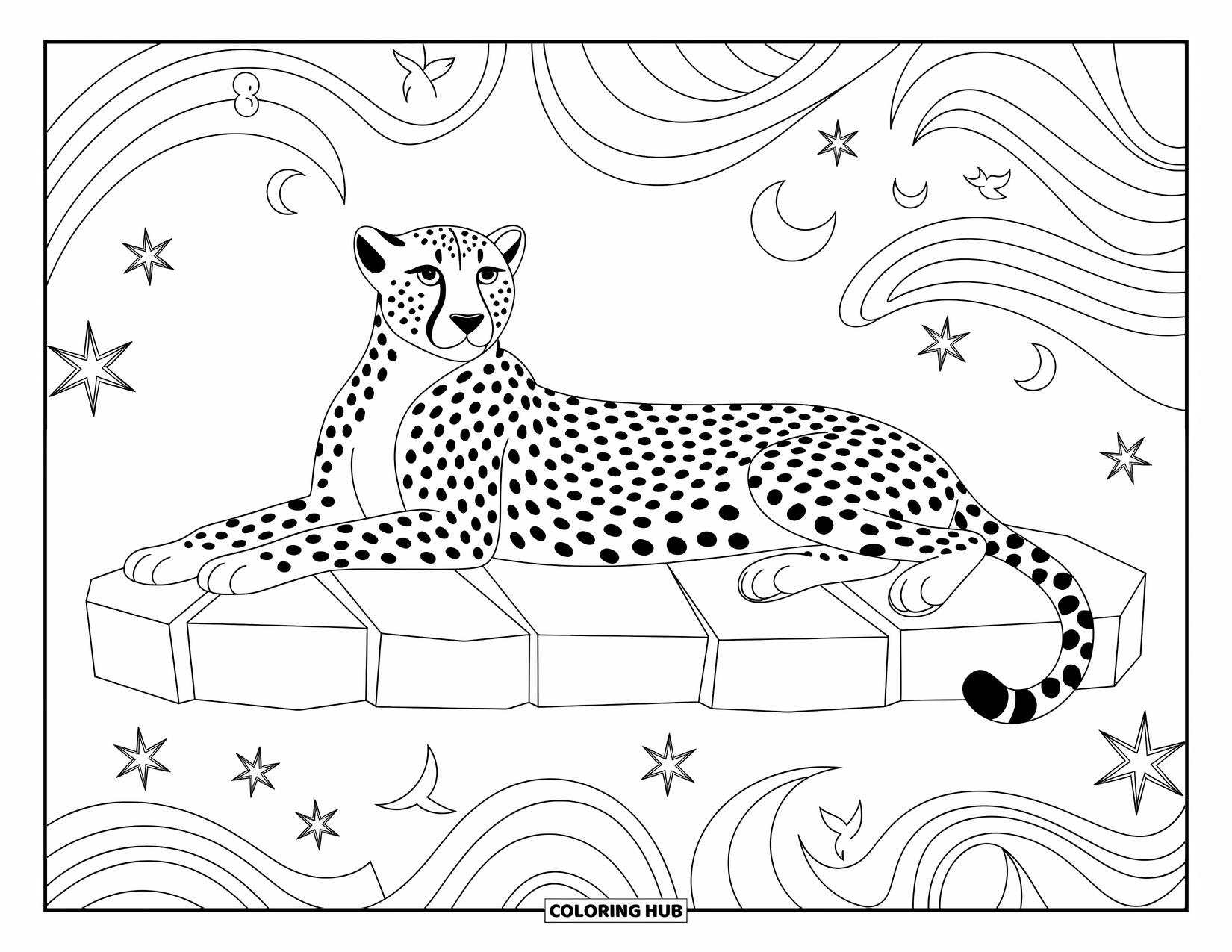 Disegno di ghepardo da colorare per adulti: Un ghepardo rilassato giace su una lastra incorniciata da stelle fluttuanti, lune e fogliame
