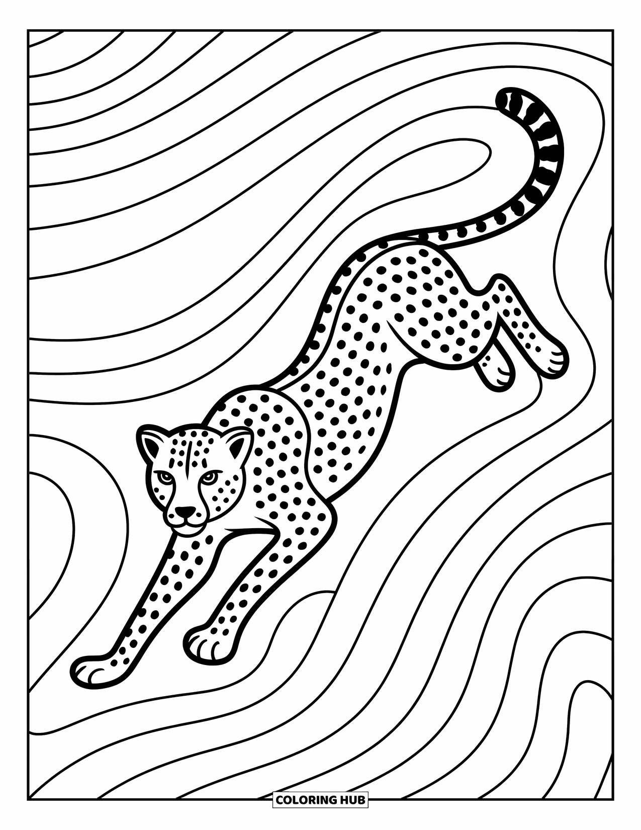 Disegno di ghepardo da colorare per adulti: Un ghepardo snello si avventa attraverso un vortice di eleganti e dettagliati design di sfondo