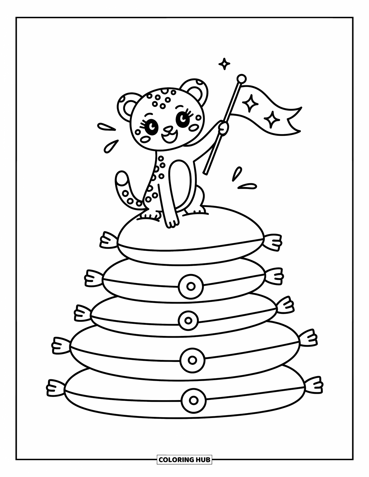 Disegno di ghepardo da colorare per adulti: Un piccolo ghepardo scala cuscini morbidi e sventola orgogliosamente una scintillante bandiera