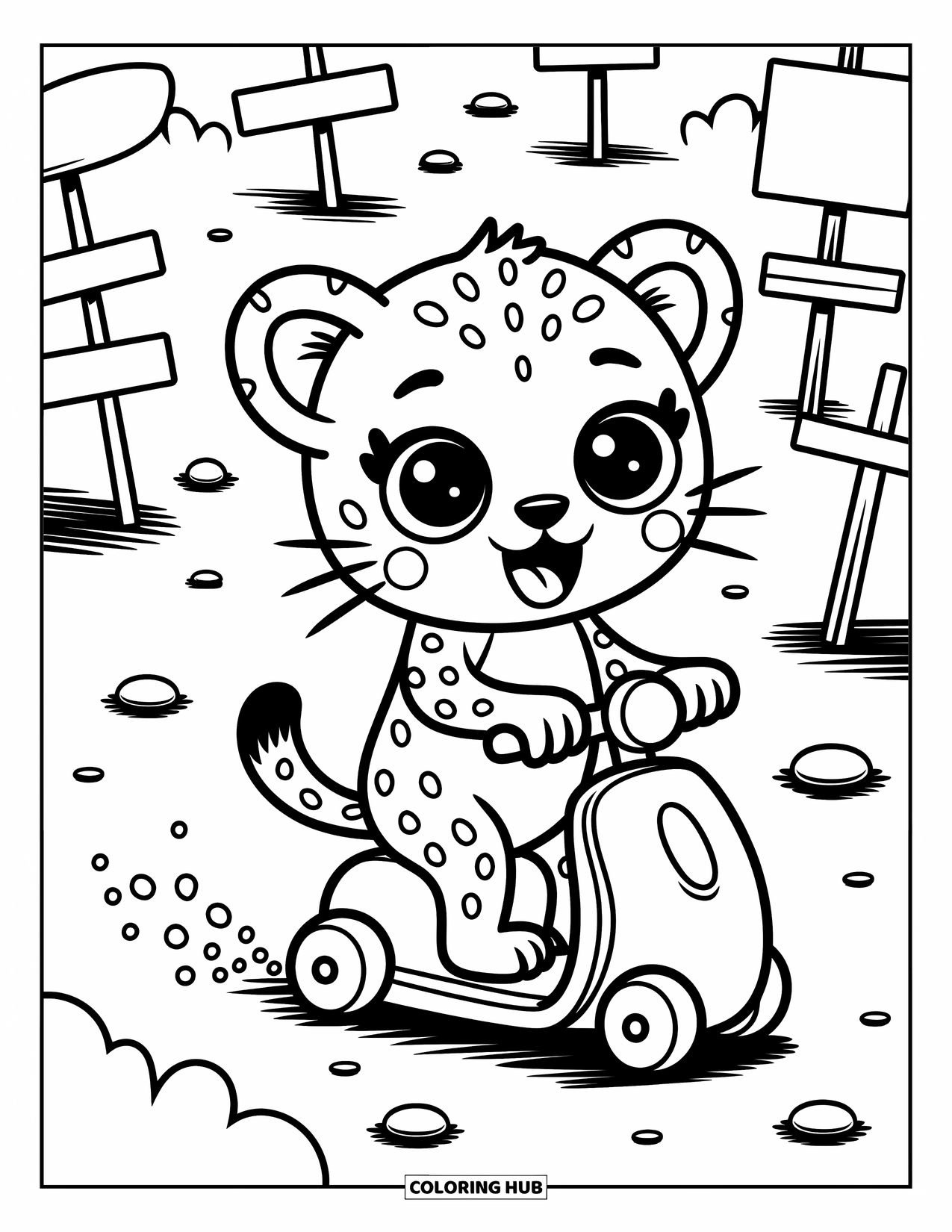 Disegno di ghepardo da colorare per adulti: Un ghepardo veloce gareggia su uno scooter giocattolo attraverso un parco, lasciando dietro di sé minuscole nuvole di polvere