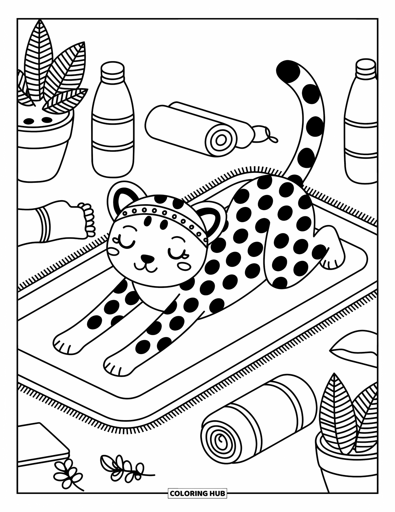 Disegno di ghepardo da colorare per adulti: Un minuscolo ghepardo con un nastro in testa si allunga su un tappetino con asciugamani e vasi di piante vicini