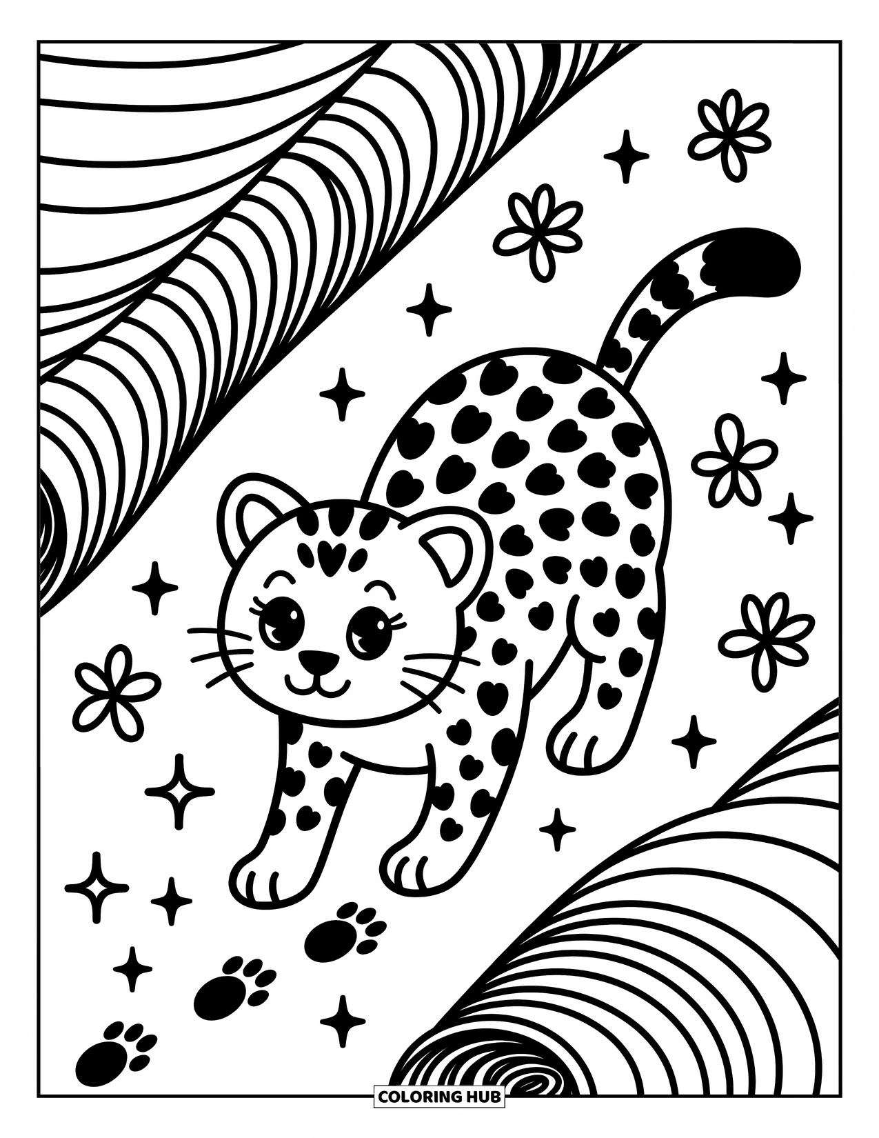 Disegno di ghepardo da colorare per adulti: Un piccolissimo ghepardo sbuca da un tunnel con trifogli e impronte di zampa che punteggiano la scena accogliente
