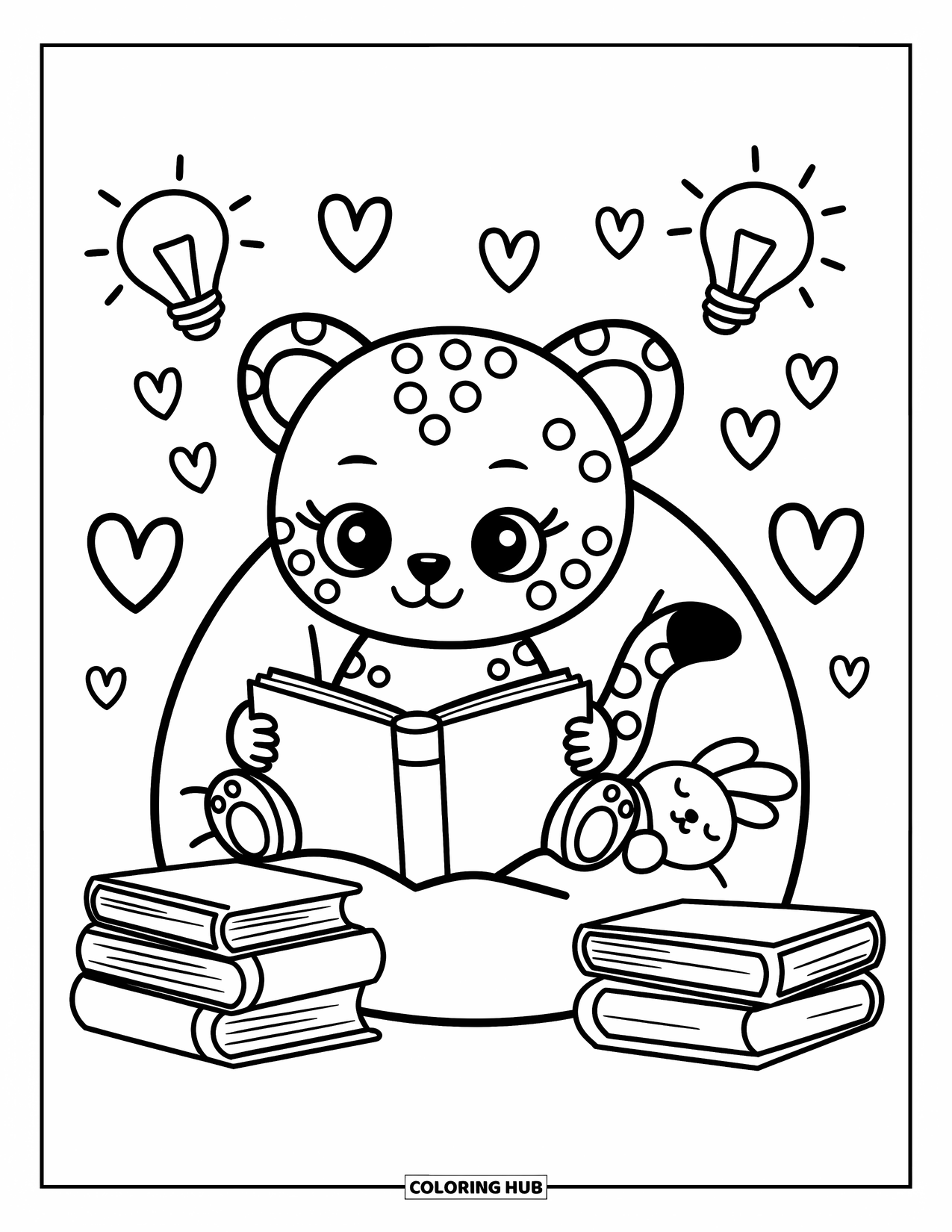Disegno di ghepardo da colorare per adulti: Un piccolo ghepardo legge su un pouf, libri intorno e un coniglio coccoloso al suo fianco