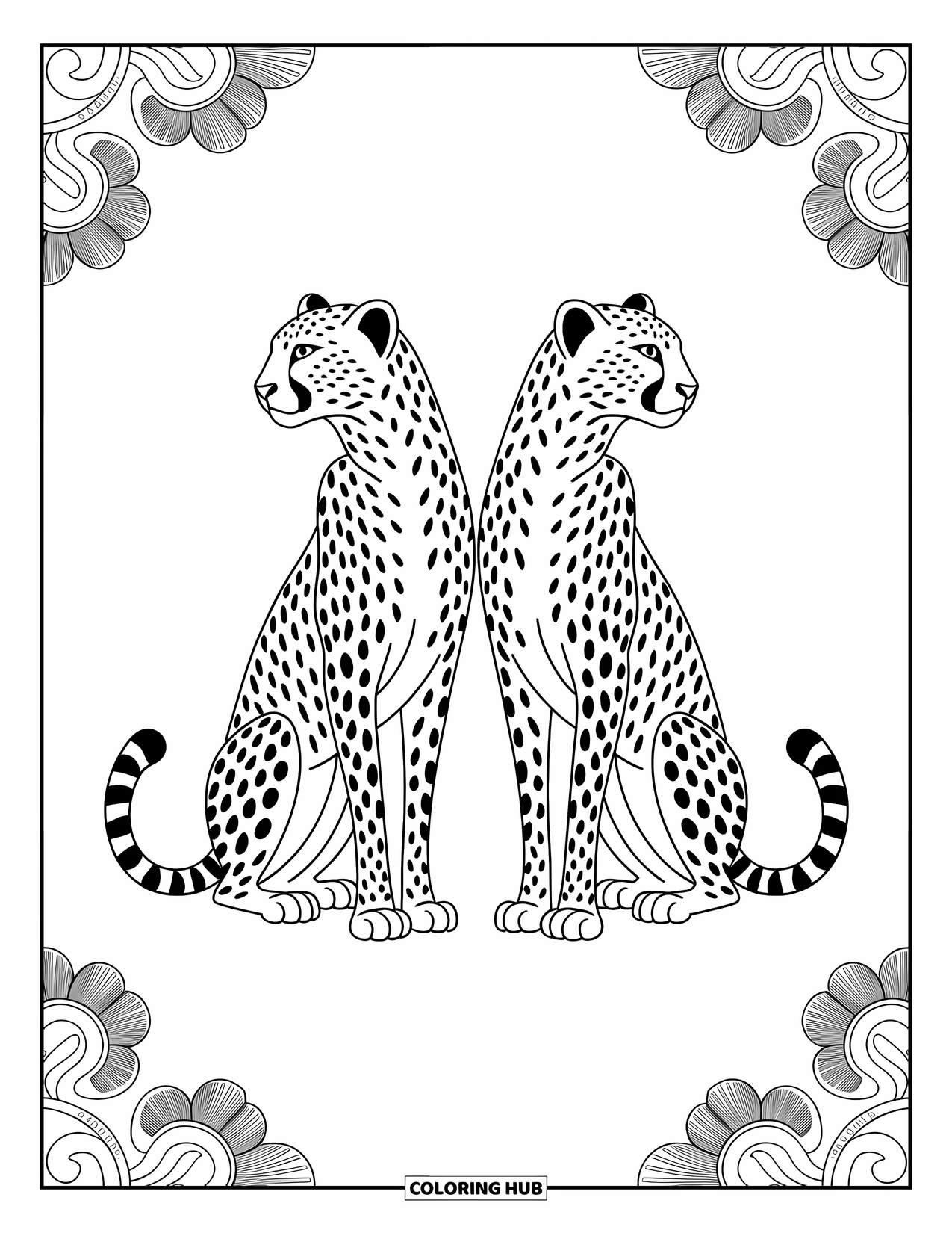 Disegno di ghepardo da colorare per adulti: Ghepardi simmetrici stanno schiena a schiena, circondati da bordi intricati e motivi aggraziati
