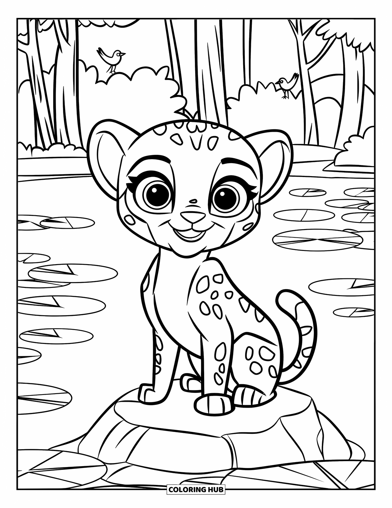 Disegni di ghepardi da colorare per bambini: Un cucciolo di ghepardo è seduto su una roccia in un lago, uccelli e alberi dietro