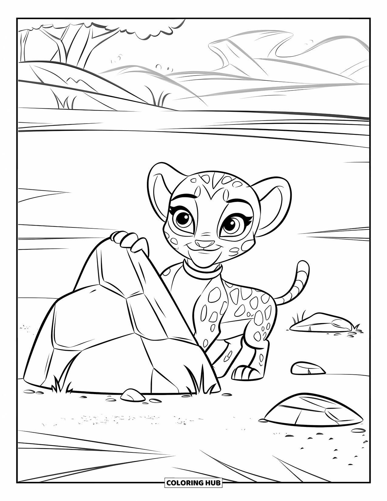 Disegni di ghepardi da colorare per bambini: Un cucciolo di ghepardo con un collare sbircia da dietro una roccia in un campo sabbioso