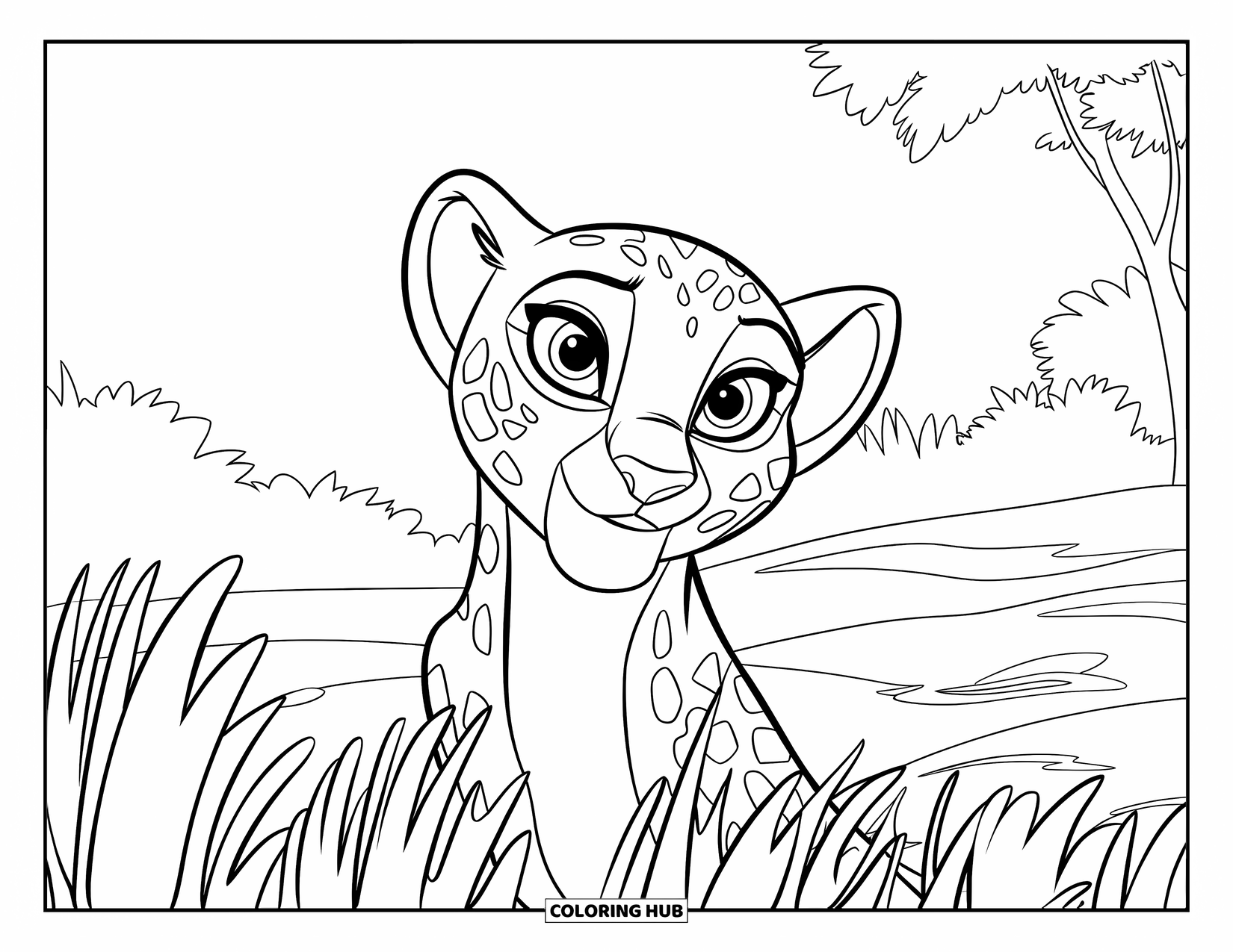 Disegni di ghepardi da colorare per bambini: Un ghepardo allegro sbircia attraverso l'erba sotto un cielo limpido con alcuni alberi