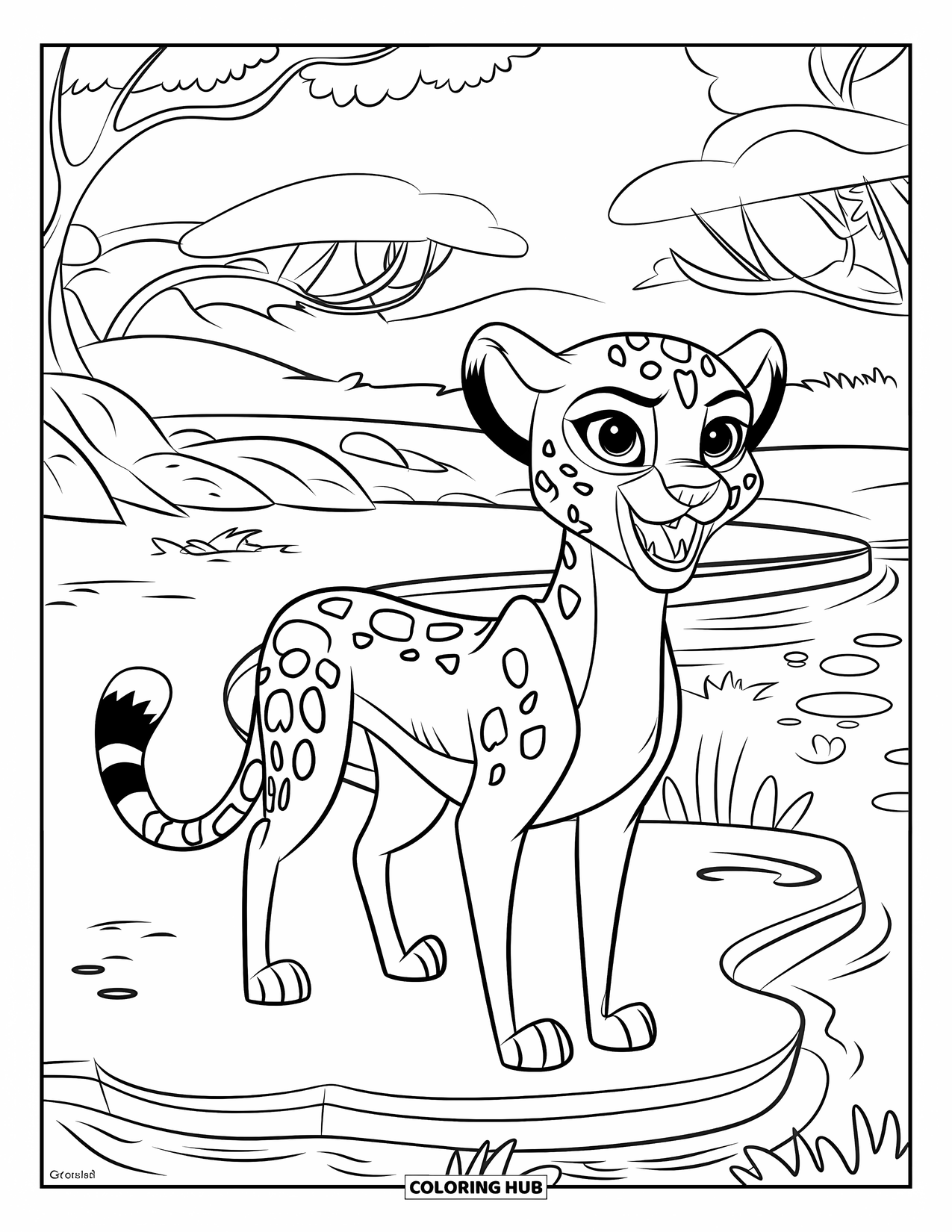 Disegni di ghepardi da colorare per bambini: Un ghepardo allegro mostra i denti vicino a un abbeveratoio circondato da alberi e rocce