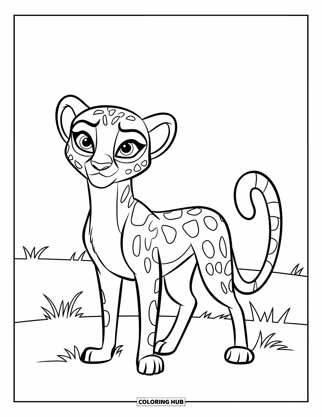Disegni di ghepardi da colorare per bambini: Un ghepardo allegro si erge in un campo erboso con la coda arricciata all'indietro