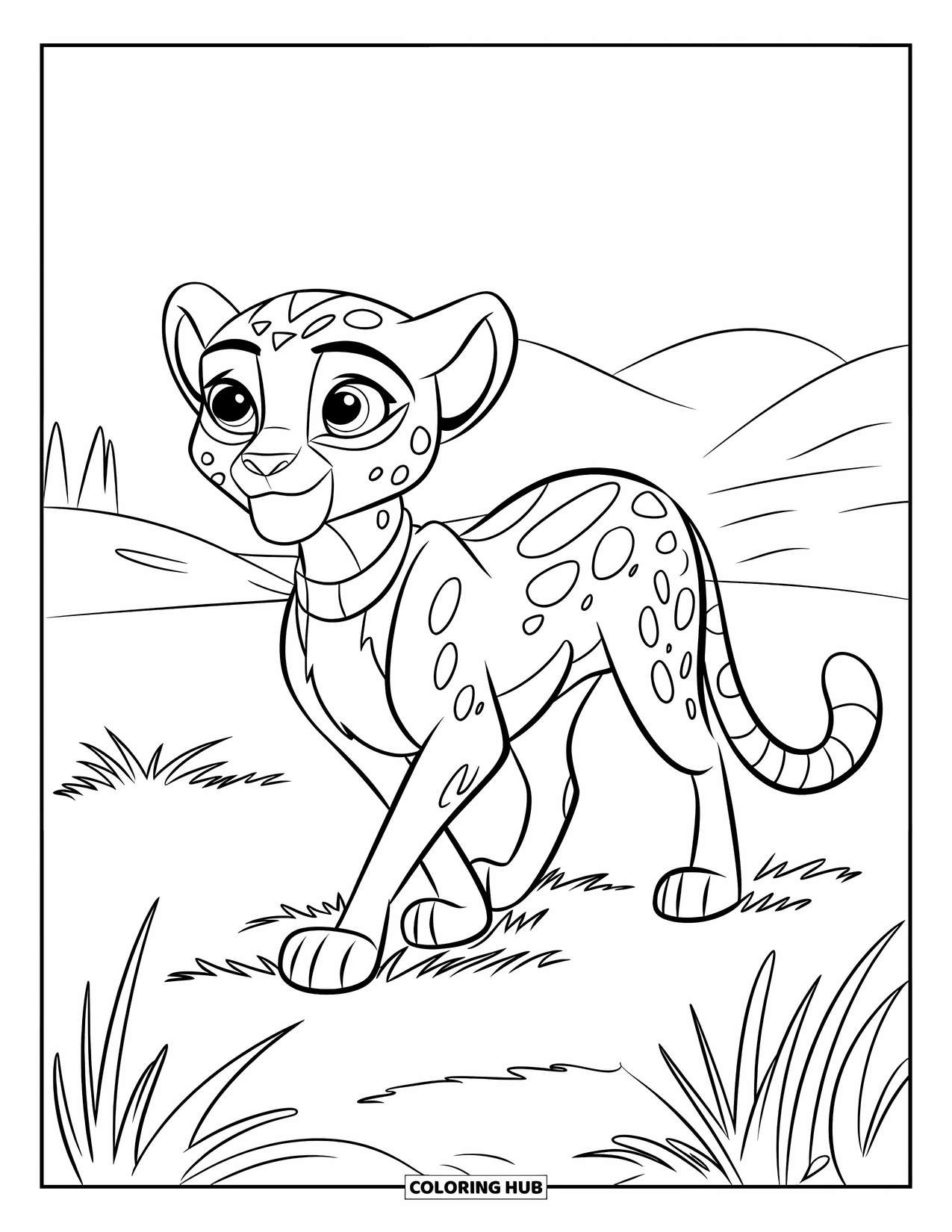 Disegni di ghepardi da colorare per bambini: Un ghepardo allegro passeggia attraverso erba corta con occhi grandi ed espressivi