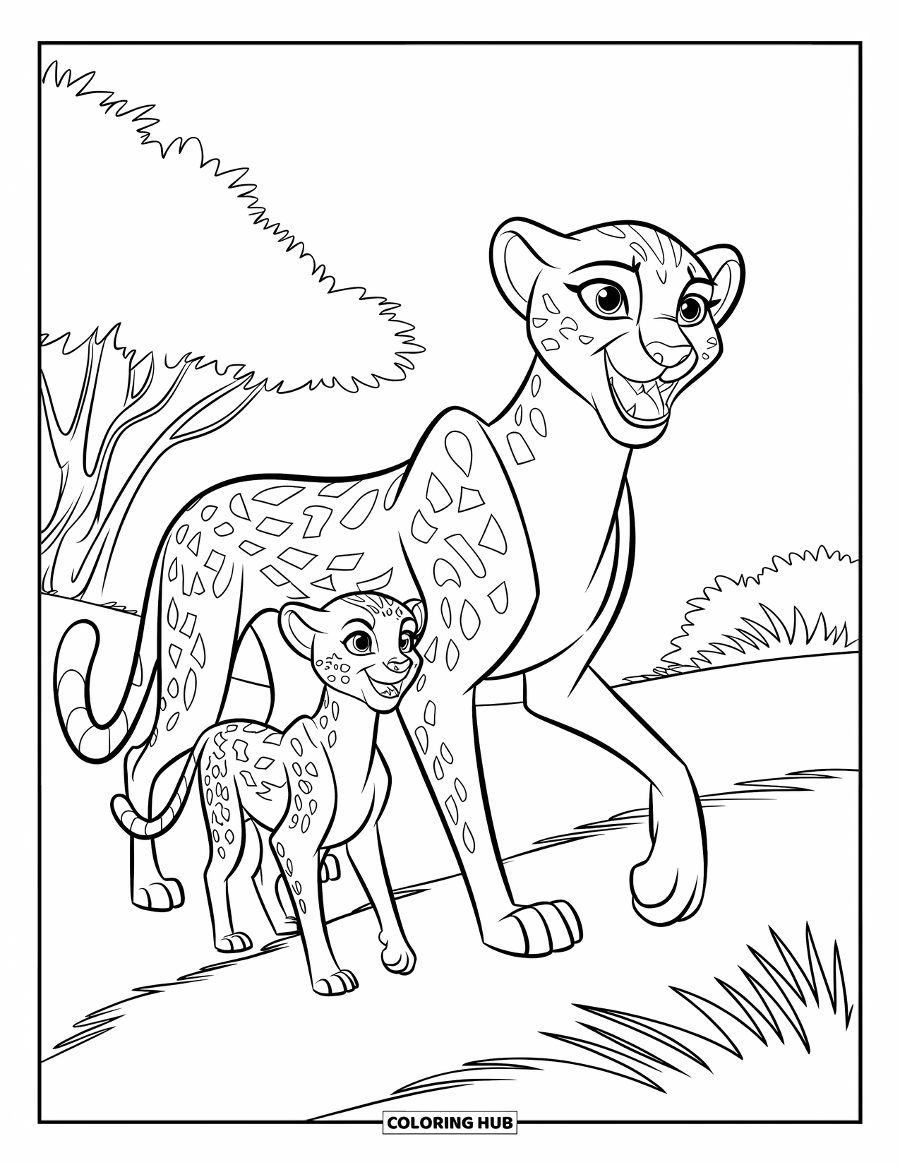 Disegni di ghepardi da colorare per bambini: Un ghepardo e il suo cucciolo camminano tra l'erba con occhi spalancati e alberi sullo sfondo
