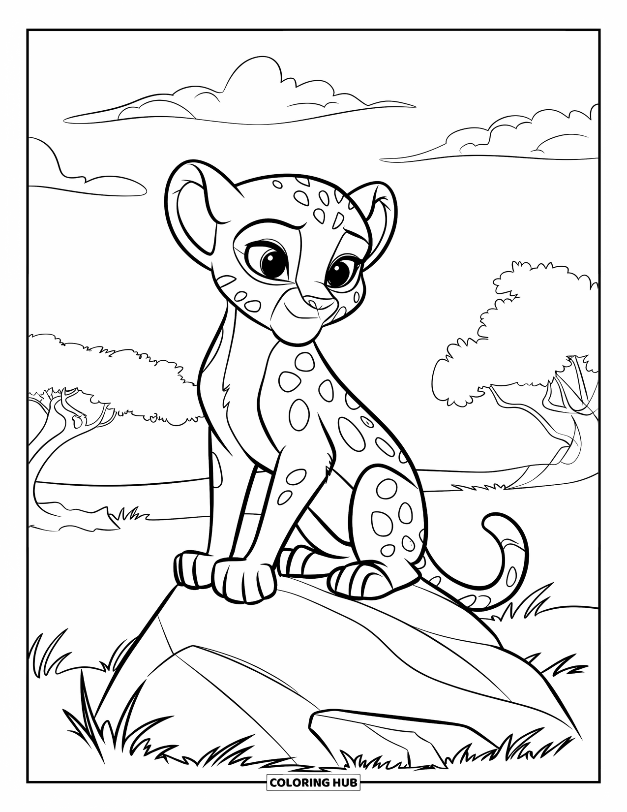 Disegni di ghepardi da colorare per bambini: Un cucciolo di ghepardo si posa su una roccia nell'erba, osservando alberi e nuvole