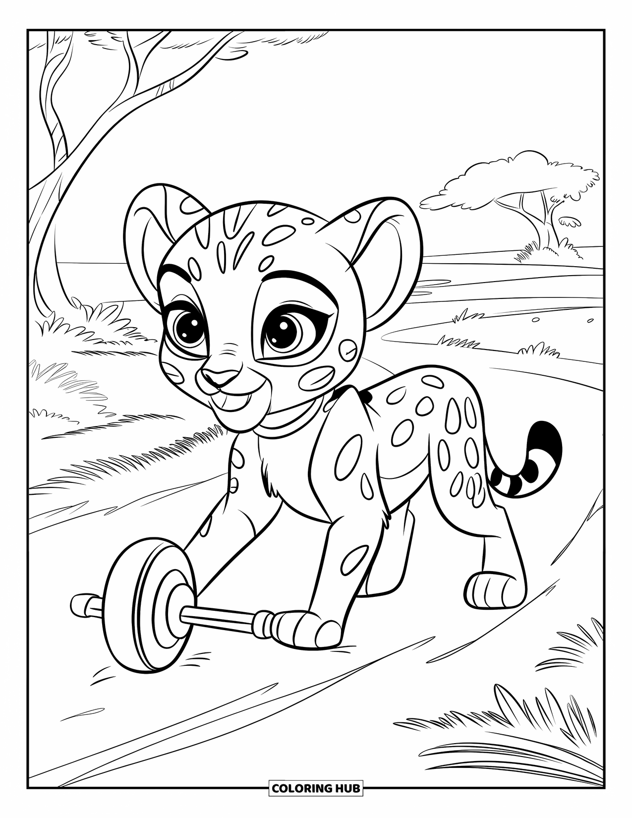 Disegni di ghepardi da colorare per bambini: Un cucciolo di ghepardo con grandi occhi gioca con un giocattolo con le ruote su un sentiero con alberi e cespugli