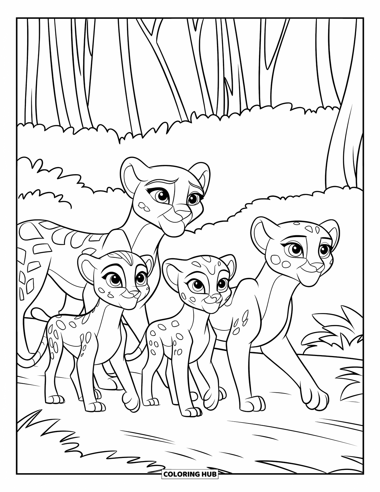 Disegni di ghepardi da colorare per bambini: Una famiglia di ghepardi cammina lungo un sentiero nella giungla fiancheggiato da alberi alti e vegetazione lussureggiante