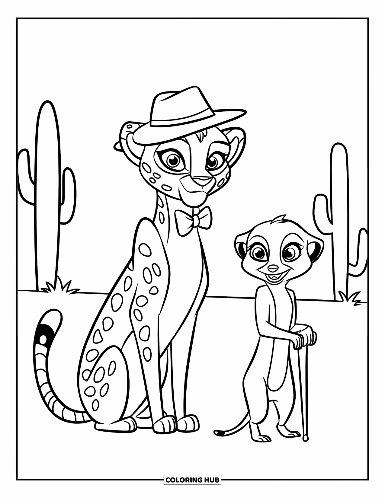 Disegni di ghepardi da colorare per bambini: Un ghepardo con cappello e papillon sta con un suricata in un campo pieno di cactus