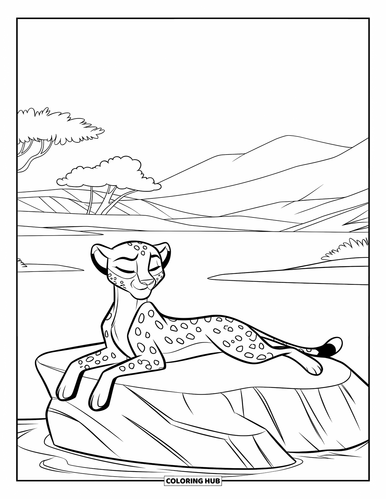 Disegni di ghepardi da colorare per bambini: Un ghepardo si rilassa su una roccia con gli occhi chiusi, circondato da alberi e acqua