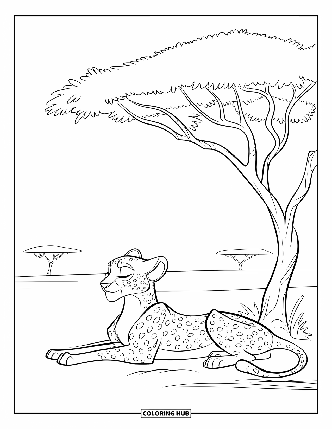 Disegno di ghepardo da colorare per bambini: Un ghepardo riposa sotto un albero di acacia con gli occhi chiusi e pianure aperte in lontananza