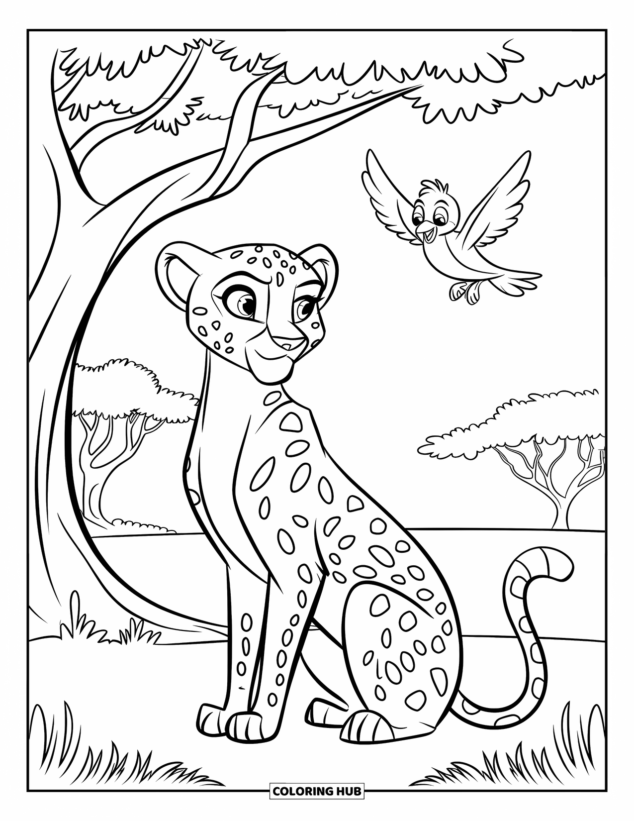 Disegni di ghepardi da colorare per bambini: Un ghepardo è seduto sotto un albero mentre un uccello vola sopra in un campo aperto e tranquillo