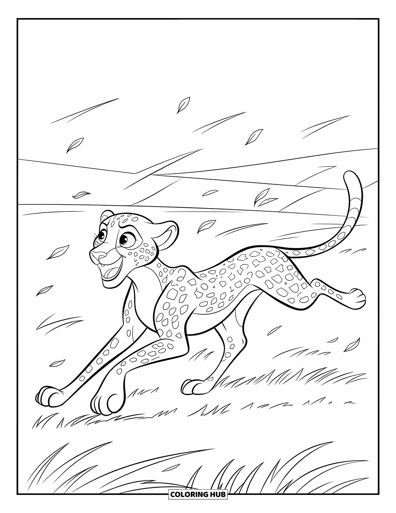 Disegni di ghepardi da colorare per bambini: Un ghepardo corre attraverso colline ondulate, bocca aperta e vento che soffia intorno