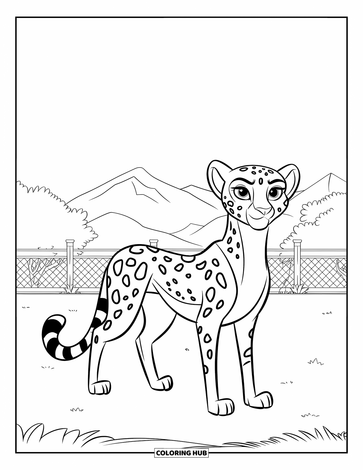 Disegni di ghepardi da colorare per bambini: Un ghepardo si erge in un parco recintato con montagne lontane e un cielo limpido sopra