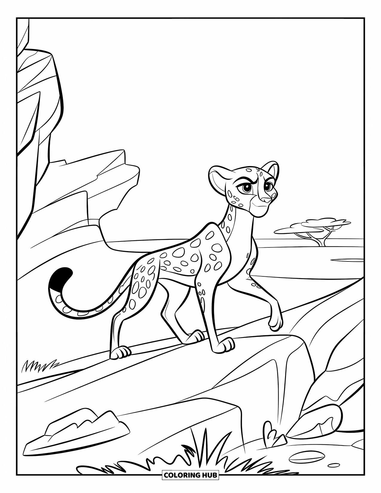 Disegni di ghepardi da colorare per bambini: Un ghepardo cammina lungo un sentiero roccioso in una vasta savana con alberi lontani dietro