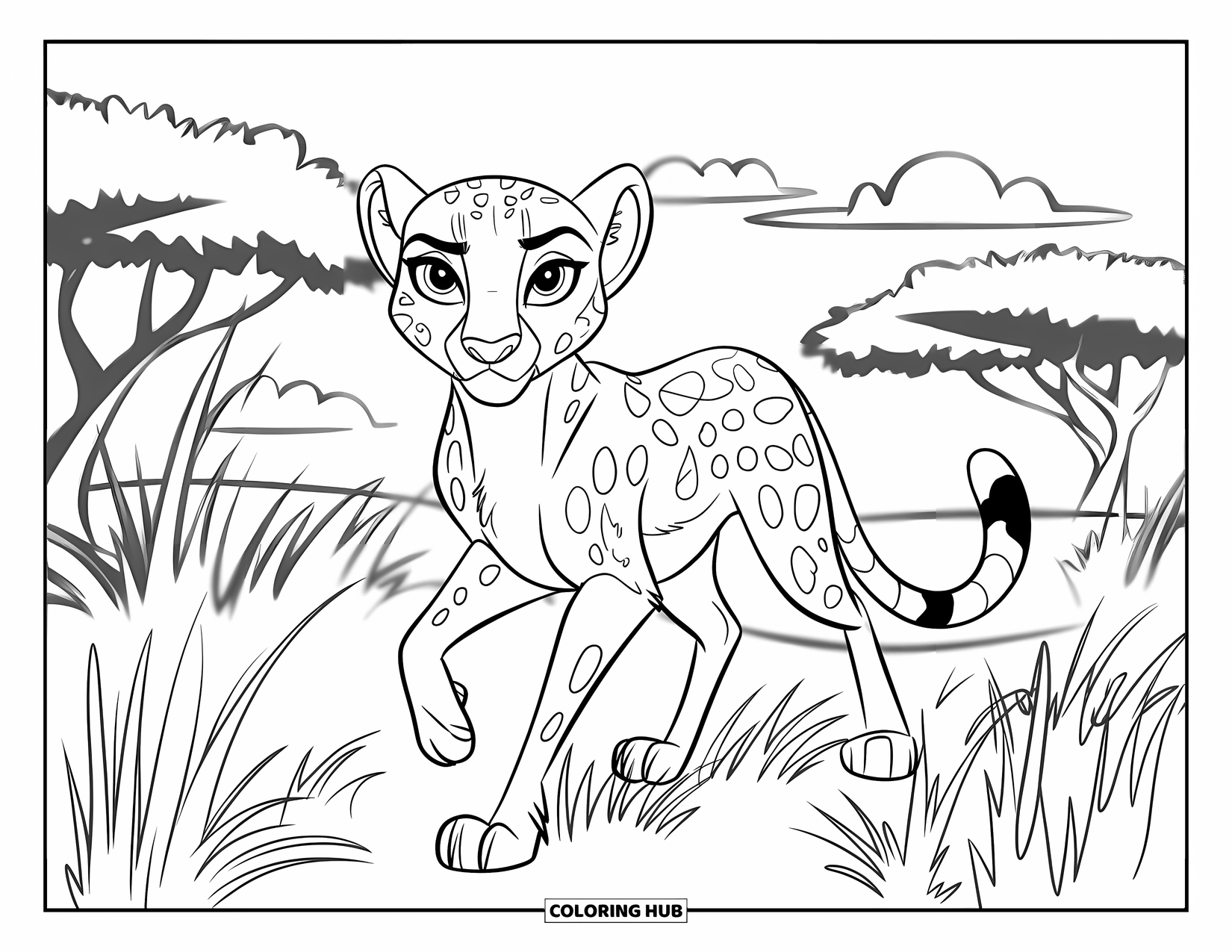 Disegni di ghepardi da colorare per bambini: Un ghepardo cammina tra l'erba alta sotto un cielo limpido con alberi lontani sullo sfondo