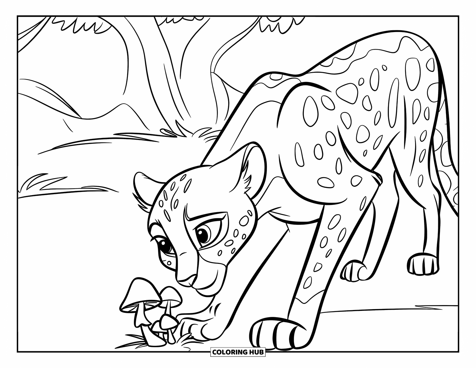 Disegni di ghepardi da colorare per bambini: Un ghepardo con orecchie tese annusa funghi raggruppati in un campo verde con alberi