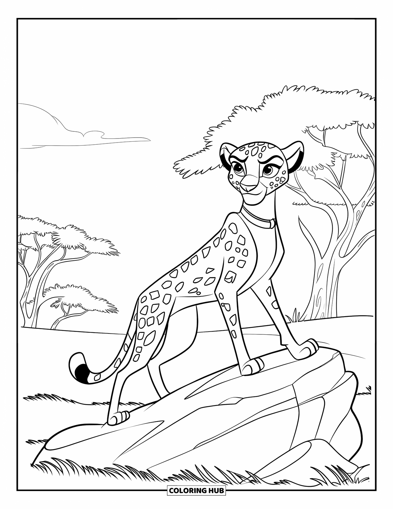 Disegni di ghepardi da colorare per bambini: Un ghepardo con collare si erge vigile su una roccia circondata da alberi alti e nuvole