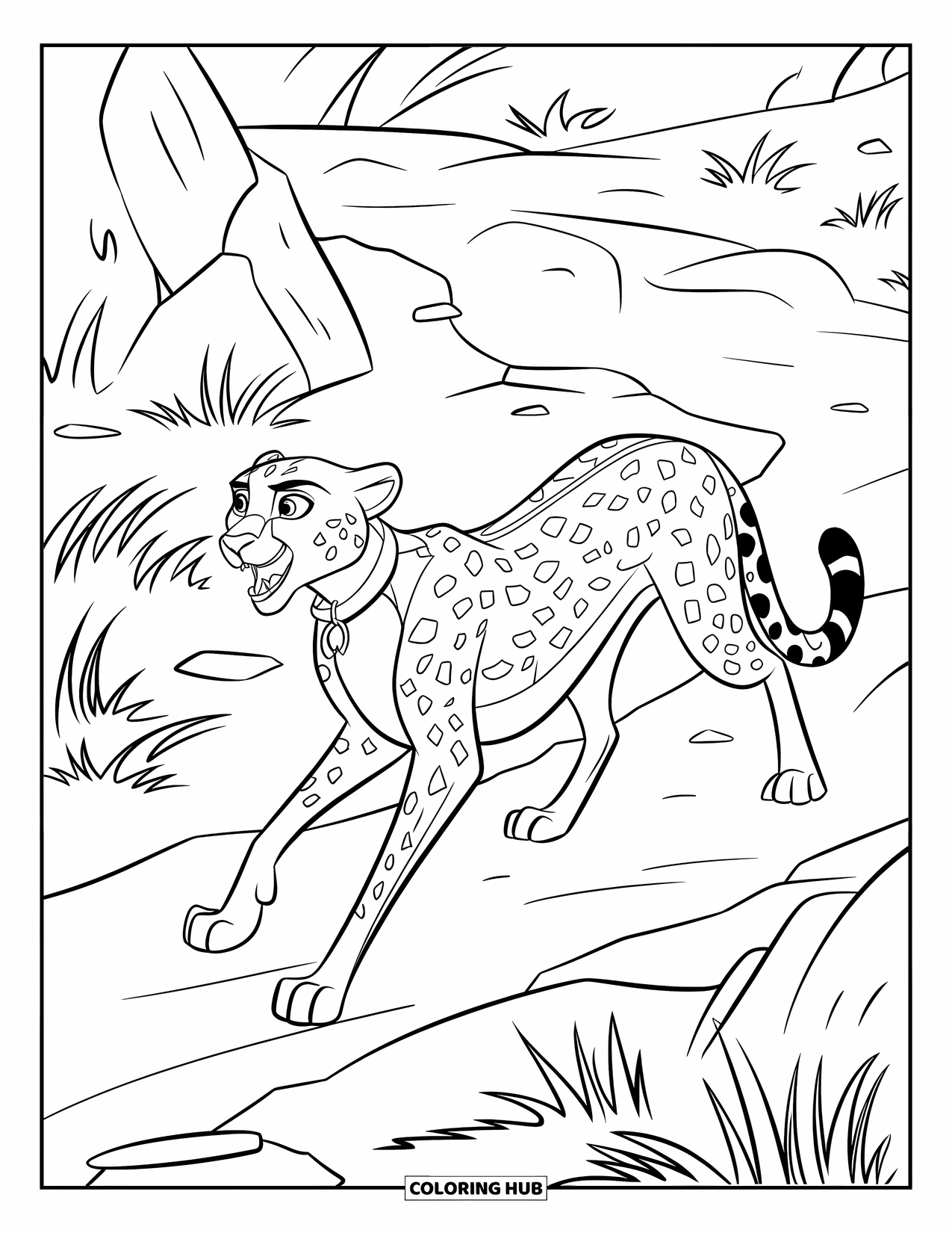 Disegni di ghepardi da colorare per bambini: Un ghepardo con collare cammina su un sentiero roccioso attraverso una savana erbosa con denti visibili