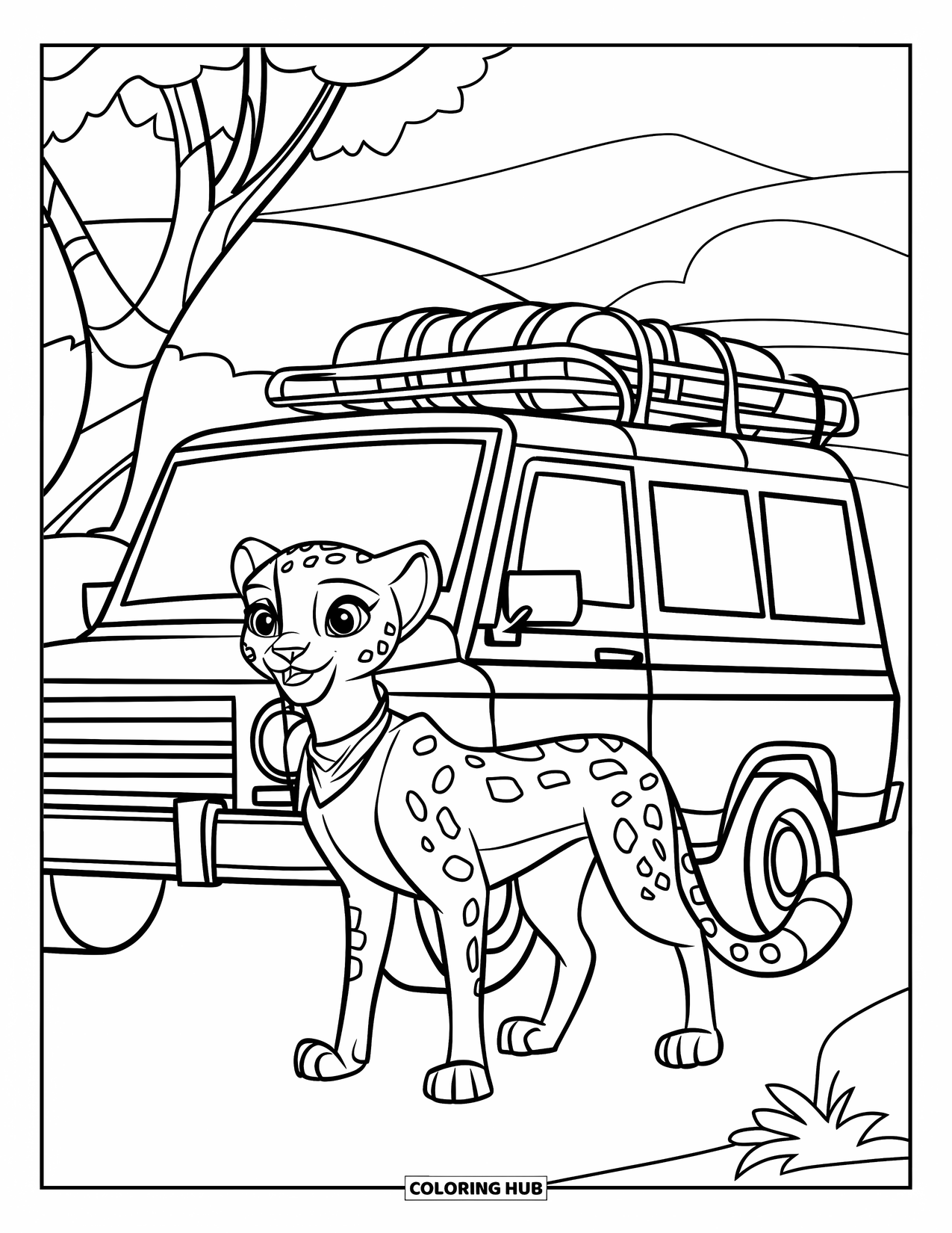 Disegni di ghepardi da colorare per bambini: Un ghepardo con collare e bandana si trova vicino a una jeep da safari con alberi e colline