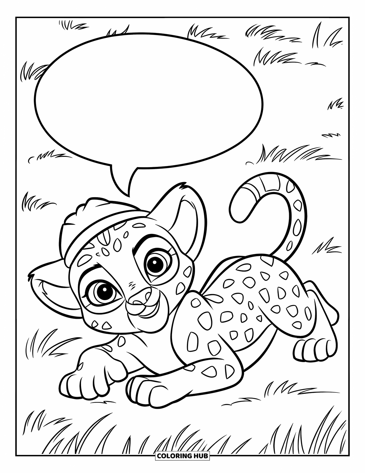 Disegni di ghepardi da colorare per bambini: Un cucciolo con cappello è sdraiato sull'erba con un fumetto e un prato intorno