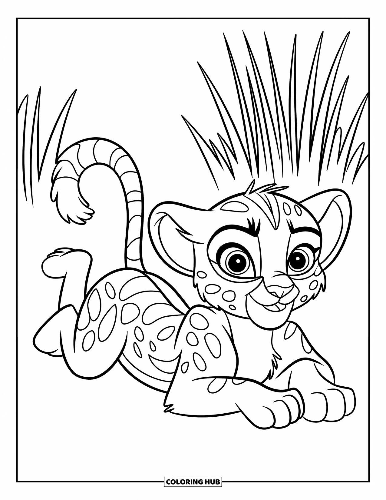 Disegni di ghepardi da colorare per bambini: Un cucciolo è sdraiato sulla pancia con grandi occhi, circondato da erba alta e spazio aperto