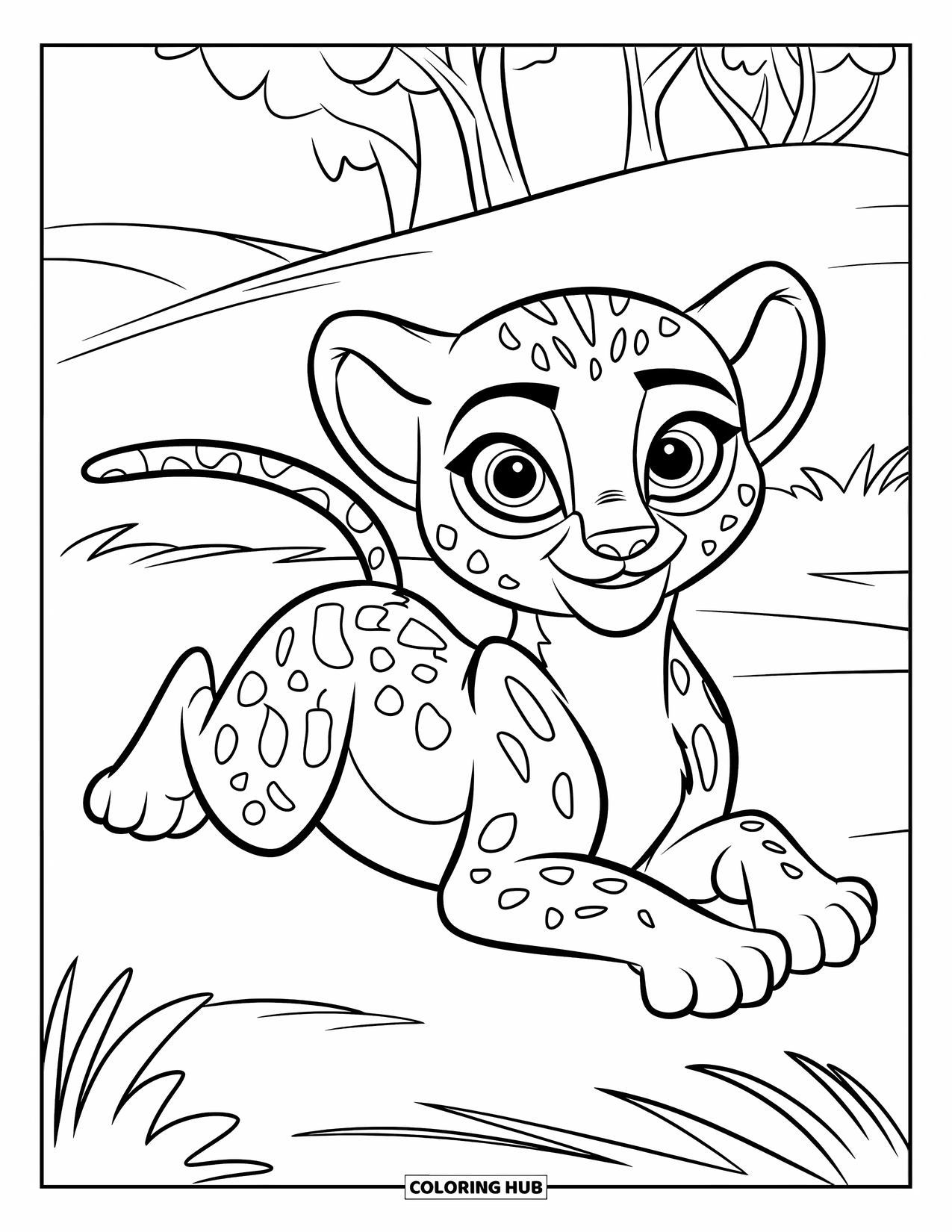 Disegni di ghepardi da colorare per bambini: Un cucciolo si allunga su un terreno erboso, occhi spalancati, con alcuni alberi dietro
