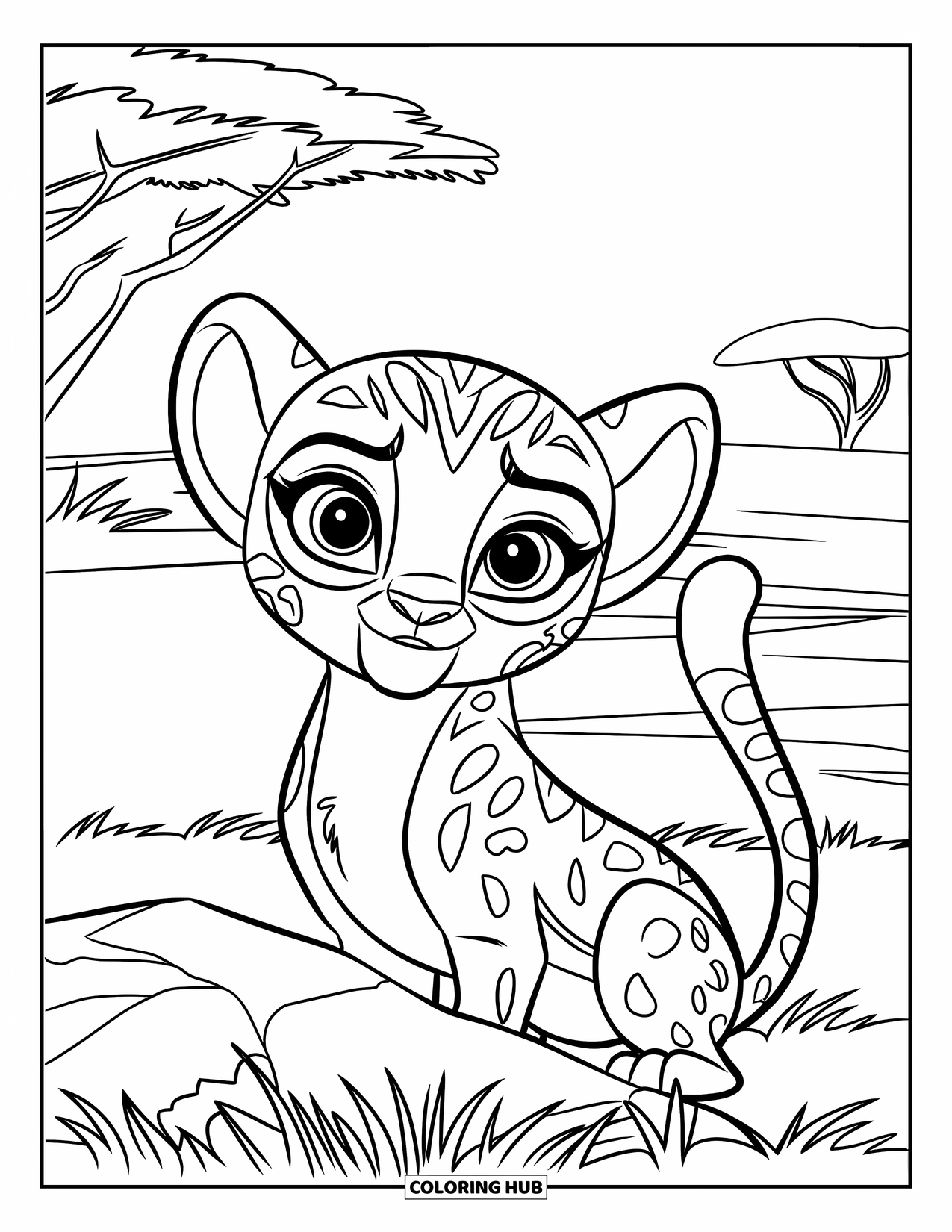 Disegni di ghepardi da colorare per bambini: Un cucciolo di ghepardo curioso sbircia da dietro una roccia su un terreno erboso