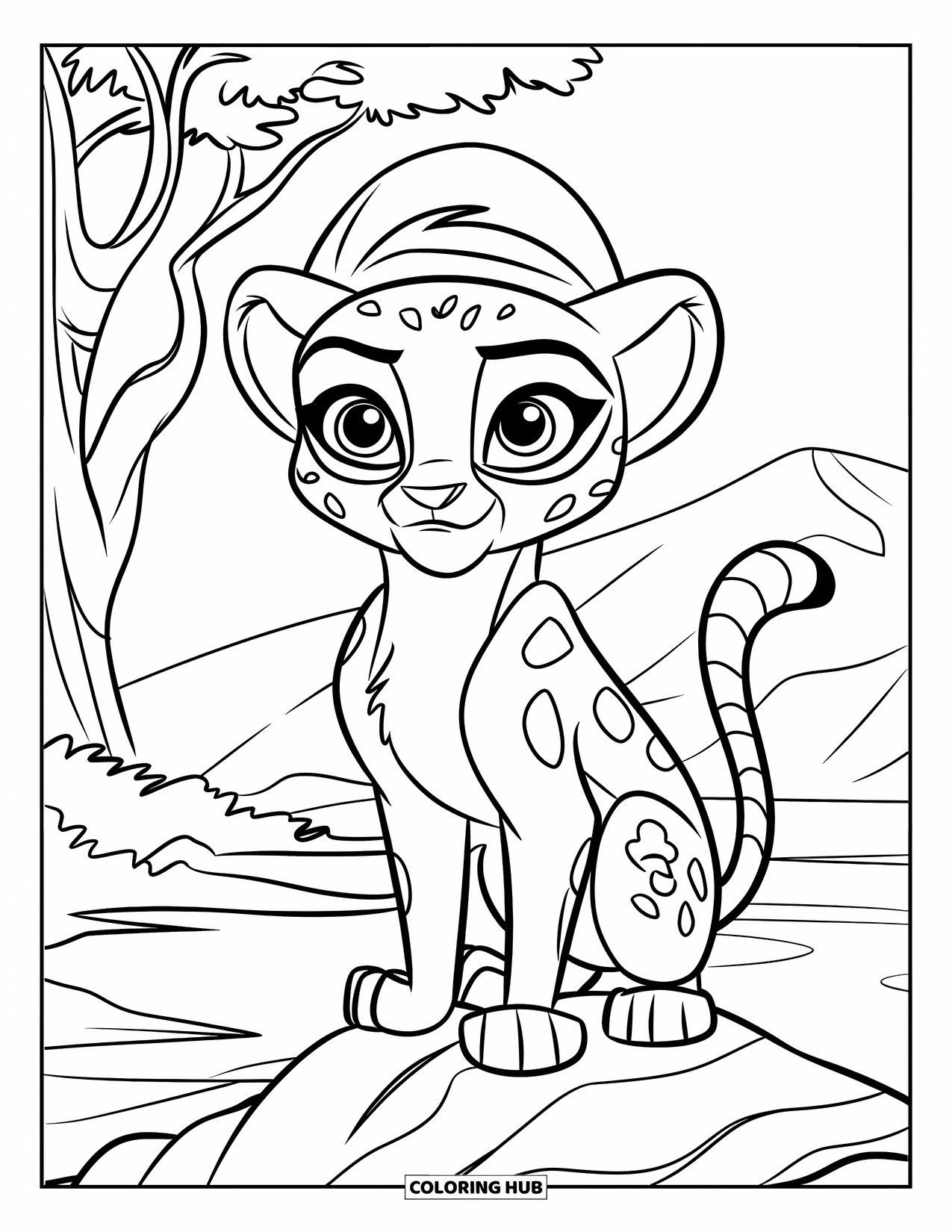Disegni di ghepardi da colorare per bambini: Un cucciolo di ghepardo curioso con cappello è seduto su una roccia con alberi e montagne dietro