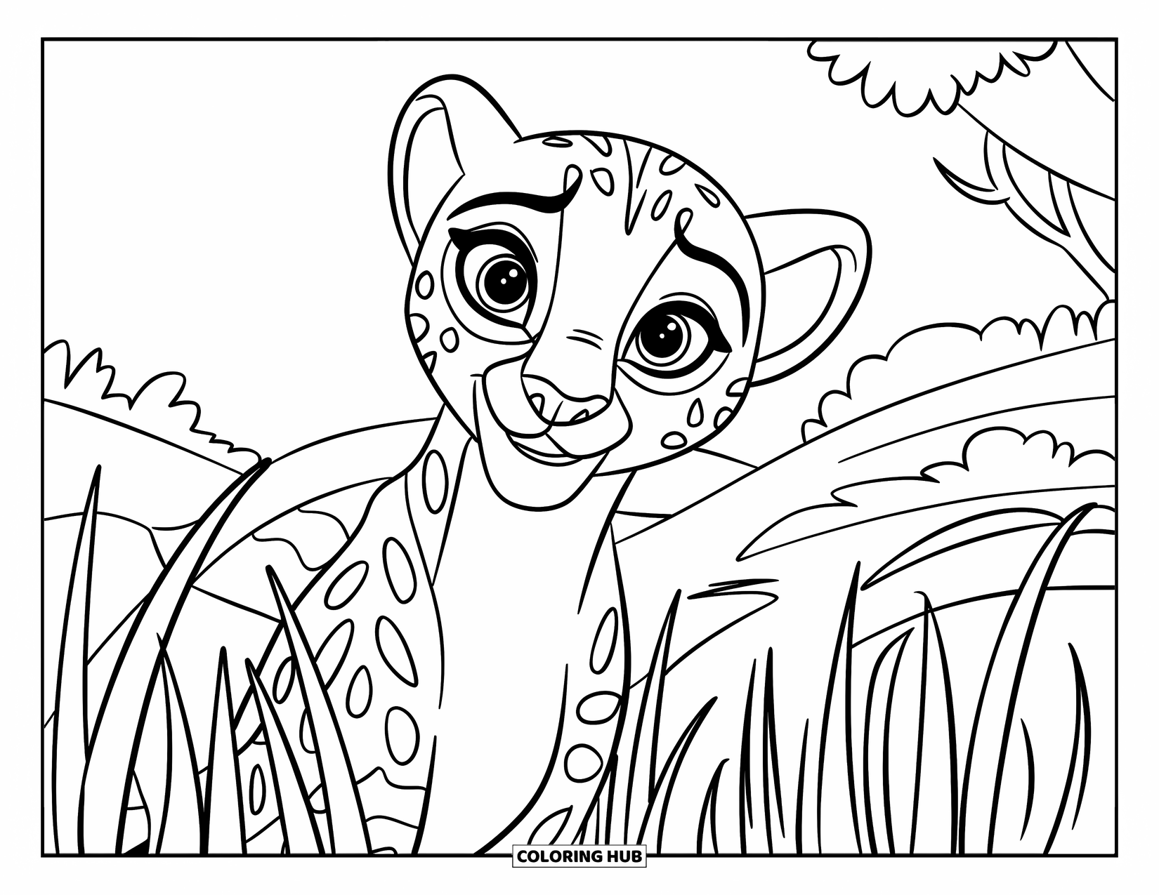 Disegni di ghepardi da colorare per bambini: Un ghepardo curioso sbircia dall'erba con un cielo luminoso dietro