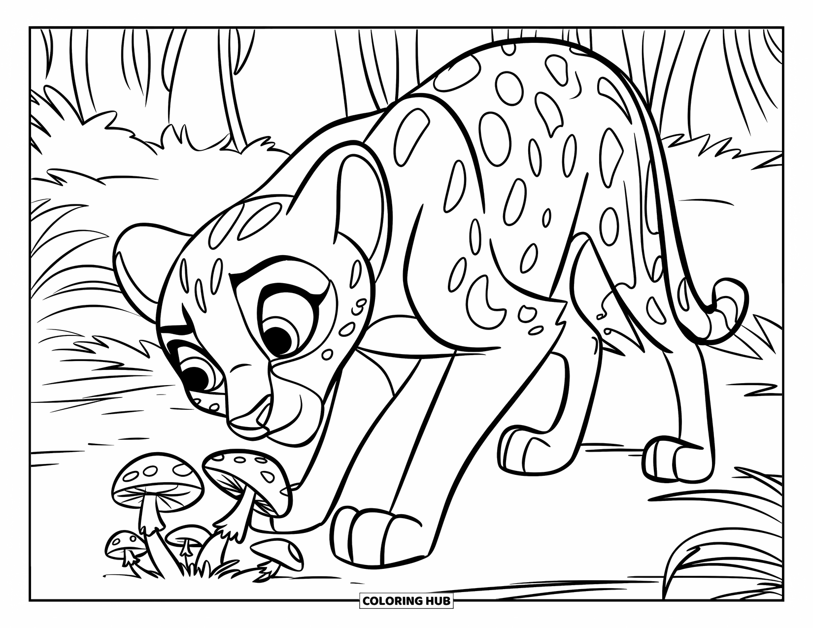 Disegni di ghepardi da colorare per bambini: Un ghepardo curioso annusa funghi disposti in cerchio nel profondo della foresta